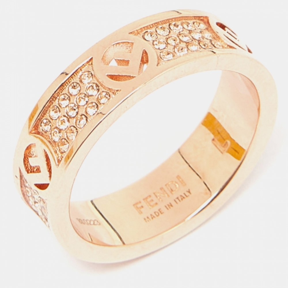 FENDI Rose Gold Ring with "F is Fendi" Logos & Crystal Accents Size S